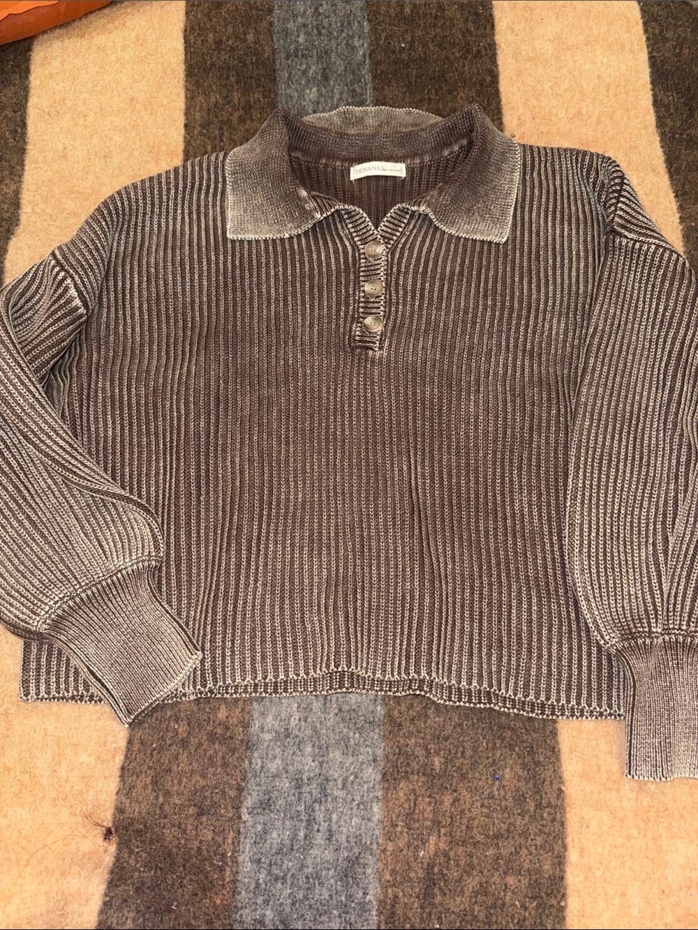 Zenana Outfitters Brown Ribbed V-Neck Polo Sweater